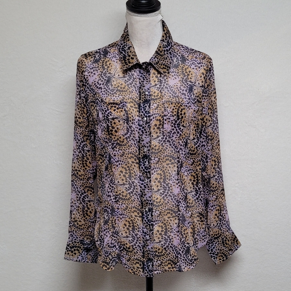 Vintage Cumberland Outfitters Leopard Butterfly Print Button Up Chiffon Blouse M - Picture 4 of 14